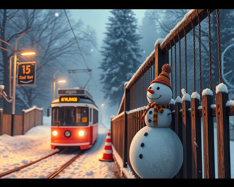 cable car, fence, cone, snowman